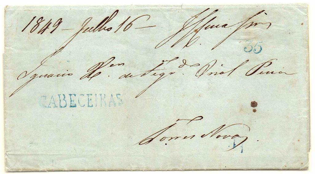 0100 f.jpg -     Lote:    100 (frente)            Portugal        Descrição:         Cabeceiras  - A azul, GM CBC2 em carta datada de Cabeceiras de Basto (16.07.49) para Torres Novas, com trânsito pelo Porto  e Lisboa (23.07.49)  com o porte de 35 reis batido a azul.        Carta       Valor Base:     &euro; 22,00     Valor Venda:     &euro; 26,00     